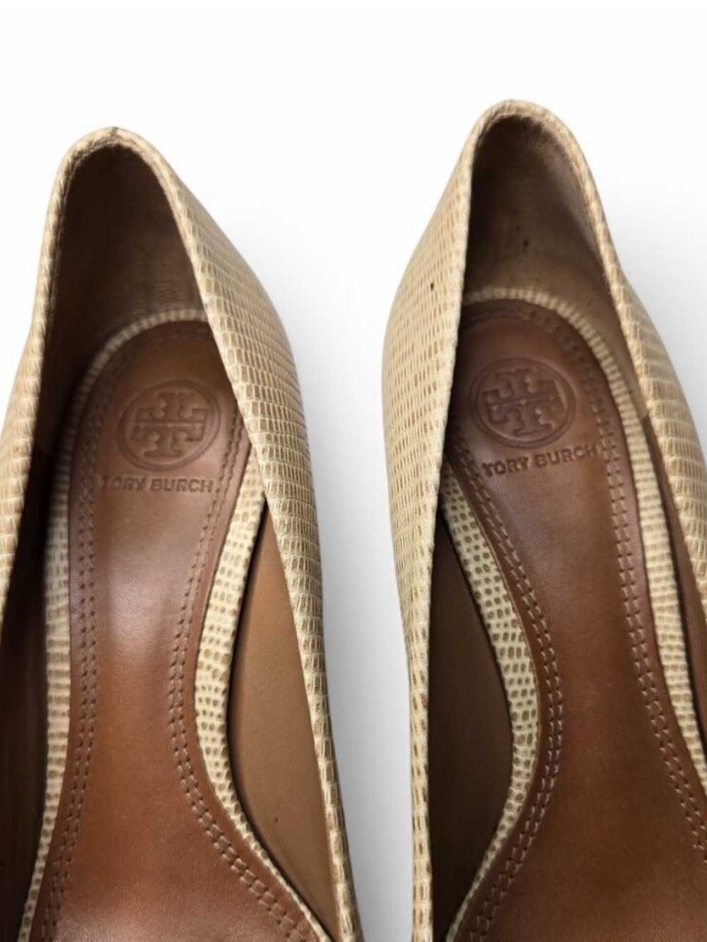 Tory Burch Neutral Textured Leather Wedge Pumps - Picture 3 of 5